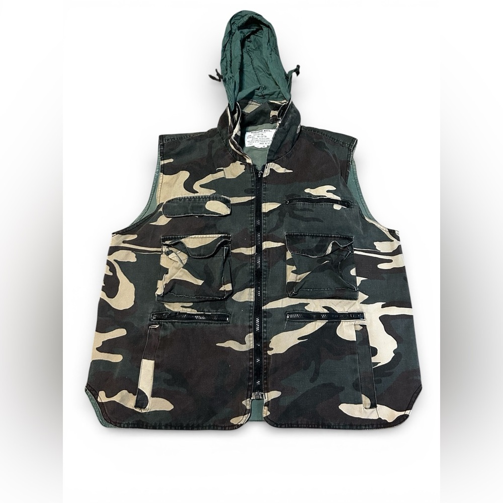 Vintage Weather Rite 295 Camo Hunting Utility Vest Hidden Hood Grunge M